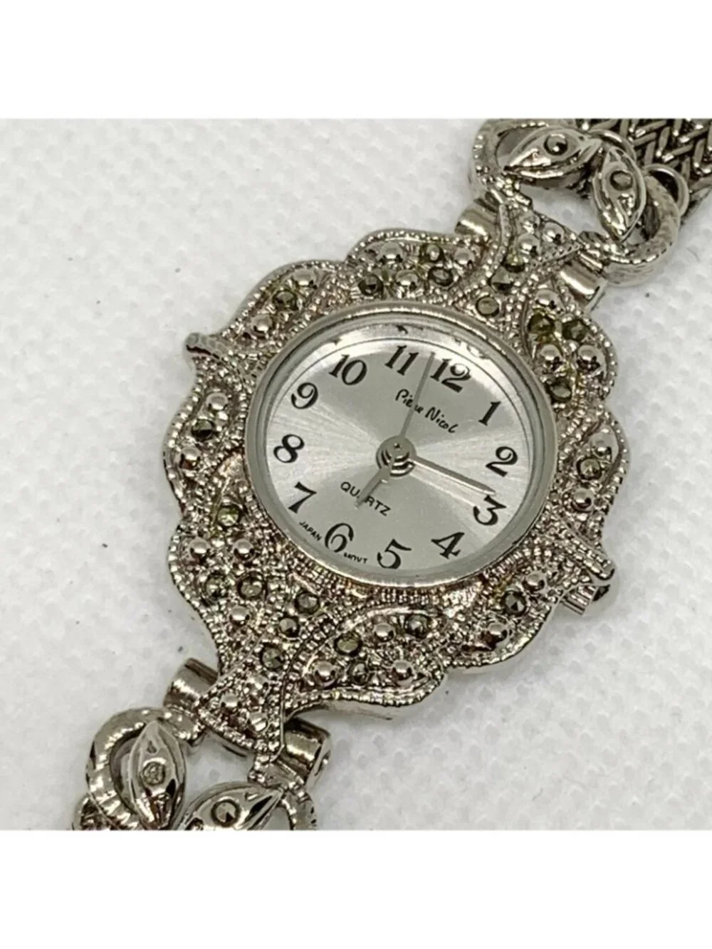 Pierre Nicol Marcasite silver tone women’s watch  23mm quartz 7.5” running